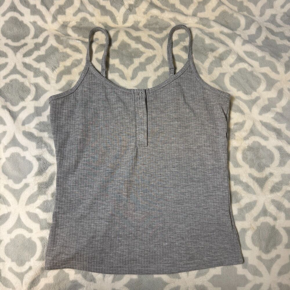 SHEIN Gray Ribbed Henley Crop Tank‎ Top Womens M Spaghetti Strap Stretch Cami